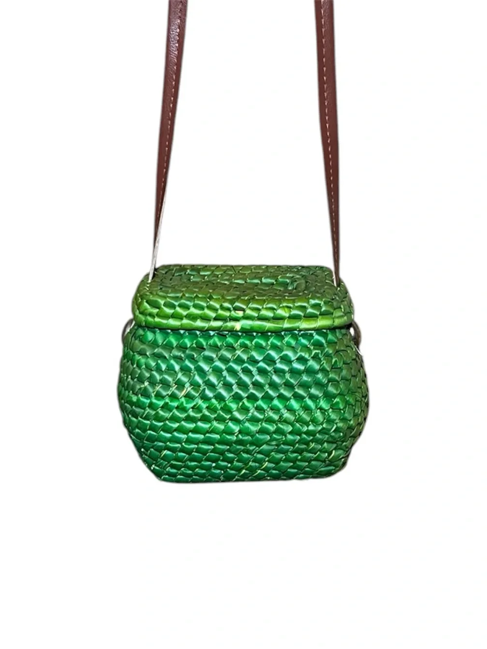 Handwoven Pink & Green Floral Crossbody Basket Bag